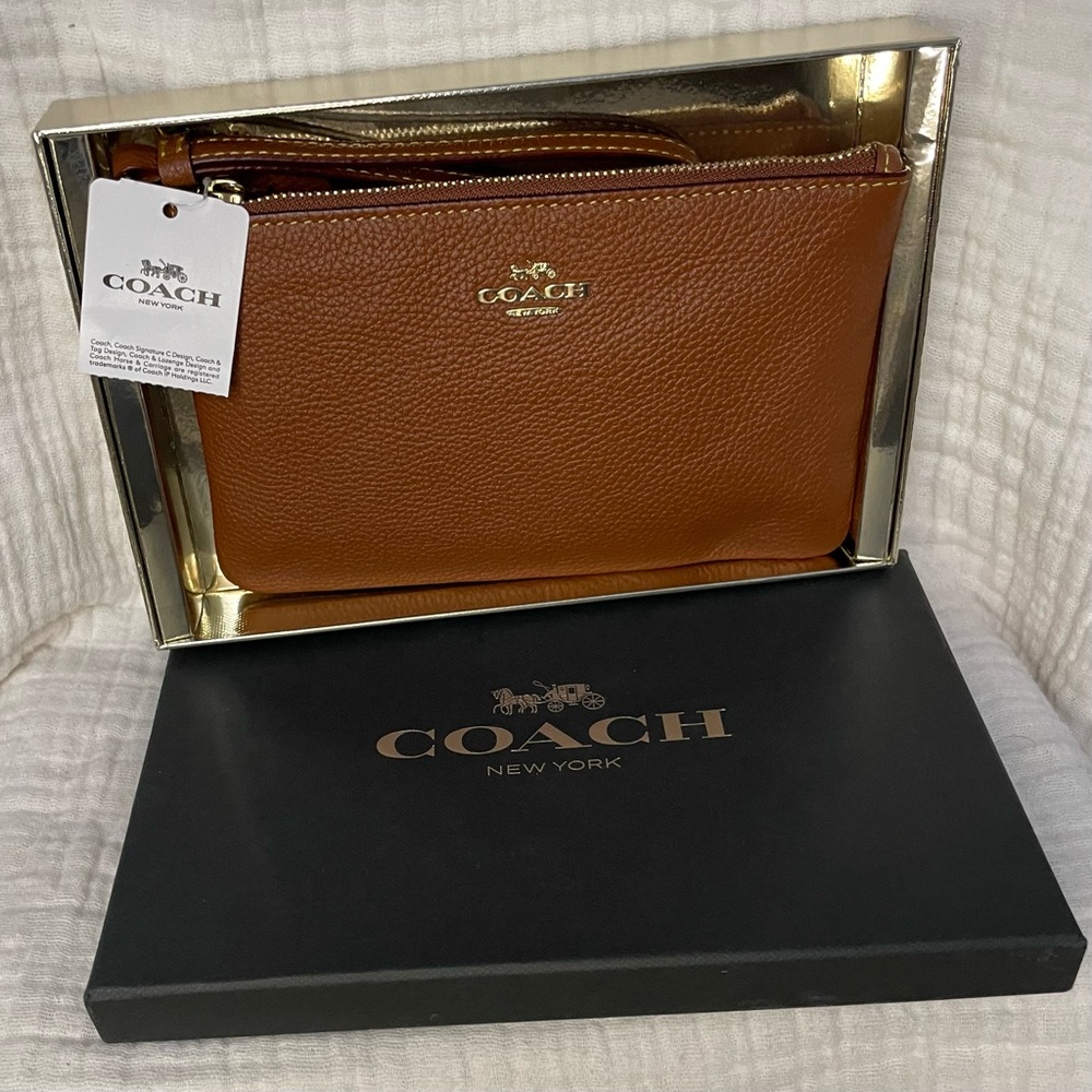 Coach Pebbled Leather Wristlet in Saddle Brown with Gold Logo